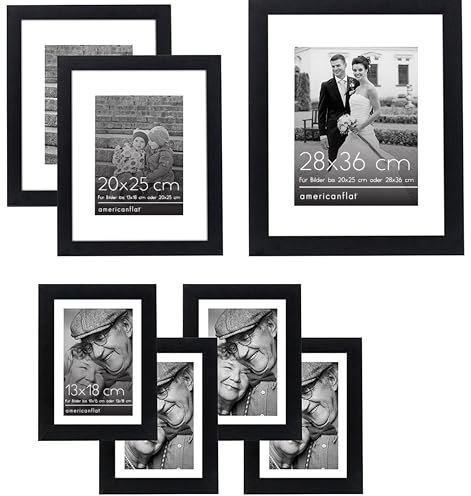 Americanflat 7er Pack Bilderrahmen Set Schwarz - Enthält einen Rahmen 28x36cm, zwei Rahmen 20x25cm & vier Rahmen 13x18cm - Wanddekoration mit Bruchsicherem Glas und Aufhängevorrichtung