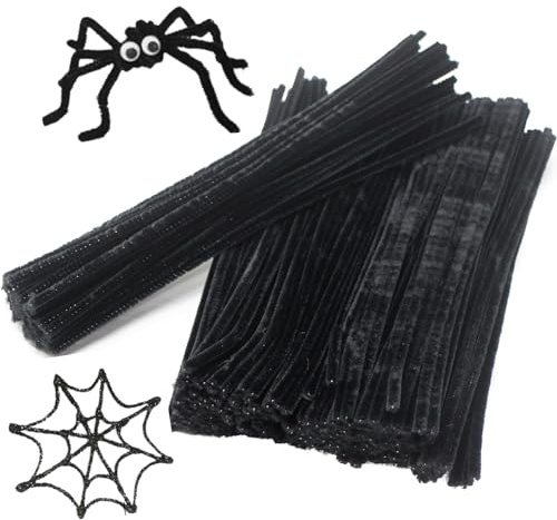 Black Pipe Cleaners for Craft - 50 Thick Chenille Stems 30cm x 6mm, Long Pipe Cleaners for Halloween Spider Crafts, DIY Model Making and Wreaths