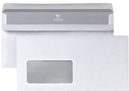 POSTHORN Briefumschlag DIN lang (1000 Stück), selbstklebender Briefumschlag mit Fenster, weiße Briefumschläge mit grauem Innendruck für Sichtschutz, 110 x 220 mm, 75g/m²