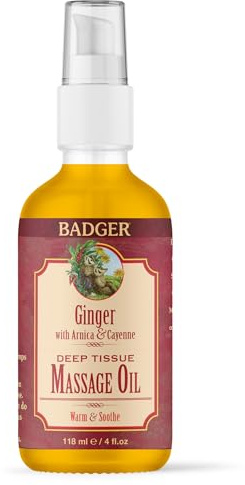 Badger Ginger Massage Oil, 100% Organic Massage Oil, w/Arnica Oil & Cayenne for Warming Soothing Deep Tissue Sore Muscle Relief, 4 fl oz Glass Bottle