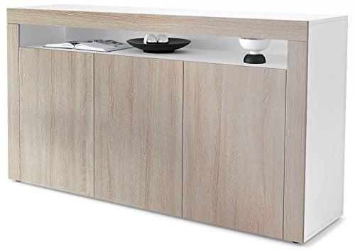 Vladon Sideboard Valencia, Made in Germany, Kommode mit 3 Türen und 1 offenem Fach, Weiß matt/Eiche sägerau (155 x 92 x 40 cm)