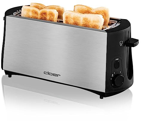 Cloer 3719 Tostadora de ranura larga para 4 tostadas, 1380 vatios, calentador de panecillos incluido, dispositivo post-elevado, bandeja para las migas, aislada térmicamente, acero inoxidable