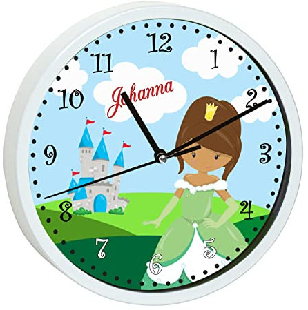 CreaDesign, Wanduhr für Kinderzimmer Prinzessin, Kinderuhr weiß mit Quarz Uhrwerk, personalisiert mit Name, Durchmesser 19,5 cm