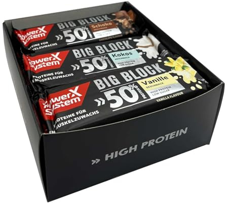 Power System Big Block Proteinriegel Mix Box Vanille Schoko Kokos 12 x 100g | je 4 Riegel mit 50 % Eiweiß und wenig Zucker, für den Muskelaufbau, Maxi-Portion