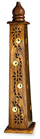 Räuchersäule Räuchergefäß Turm- Holzhalter 30 cm hoch, Ø ca. 10 cm, mit Yin Yang Muster aus Holz für Stäbchen und Kegel