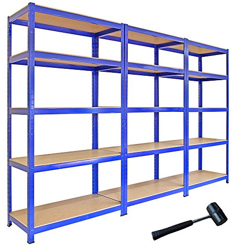 3 Estanterías Azules Metalicas T-Rax Sin Tornillos 90x45x180cm con 5 Estantes Baldas Repisas Capacidad Peso 280kg por Estante Almacenamiento Almacenaje Herramientas Taller Garaje + Mazo de Goma GRATIS