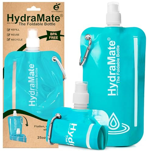 HydraMate Collapsible Water Bottle - 750ml, BPA Free. Lightweight, Foldable, Roll Up, Squeezable Pouch, Carabiner Clip - Perfect for Travel, Festivals, Hiking, Camping. Aqua