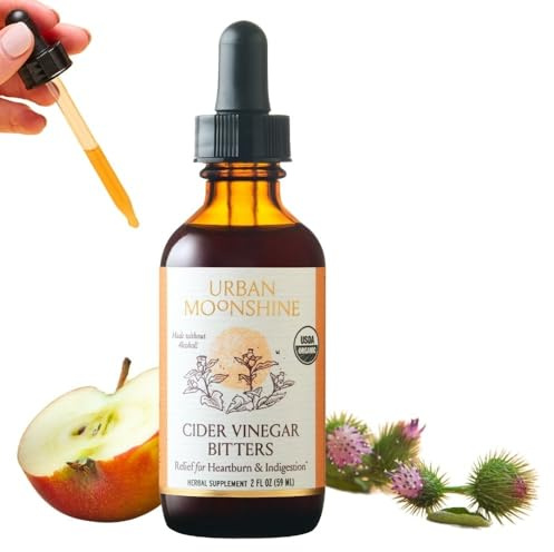Urban Moonshine Cider Vinegar Digestive Bitters - Alcohol-Free - Relieves Heartburn & Indigestion - Digestive Support - Gut Health - Certified Organic - Apple Cider Vinegar -Dandelion Root - Artichoke Leaf - 2 Fl Oz