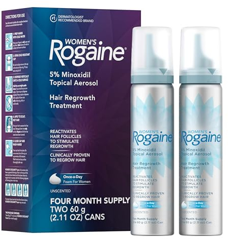 Rogaine for Women 5% Minoxidil Foam, Growth Treatment for Thinning & Hair Loss, Once-A-Day Unscented Topical Foam, Regrow Fuller Thicker Hair, Dermatologist Recommended, 4-Month Supply, 2 x 2.11 oz