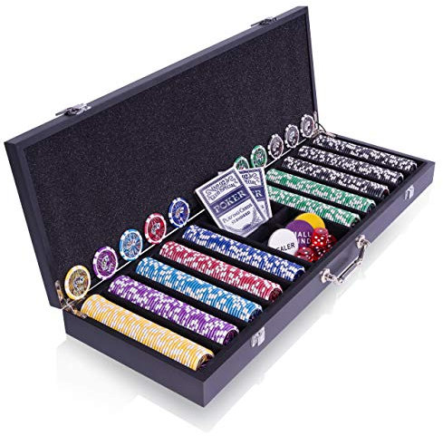 Holz-Pokerkoffer „Wooden Black Edition” 500 abgerundete Ocean-Champion-Chips Laserchips Poker-Set 2 Kunststoff-Karten Decks Schwarz Texas Holdem