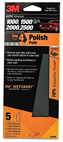 3M Papel de lija automático húmedo o seco de 3 2/3 x 9 pulgadas, 1000, 1500, 2000, 2500, paquete de grano surtido, 5 hojas