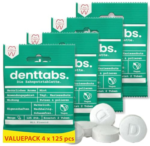 Denttabs Toothbrush Tablets The Complete Alternative to Toothpaste, Pack of 125 for 2 Months. Mint with Fluoride - Vegan Plastic-Free without Preservatives. In Compostable Bag (500)