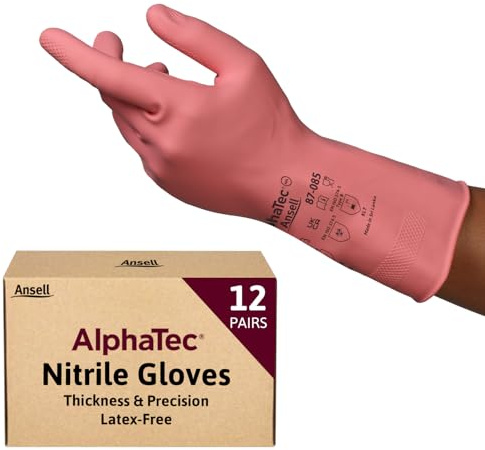 Ansell AlphaTec 87-085 Multipurpose Latex Gloves with Long Cuff, Chemical Protection and Food Safety, Reusable Kitchen Gloves, Household Cleaning and Dishwashing, Pink, Size L (12 Pairs)