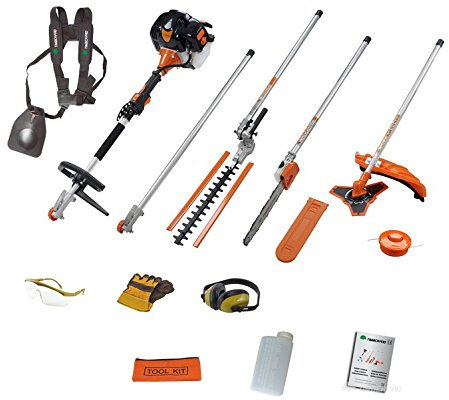 52 cc Benzin 5-in-1-Multi-Elektrowerkzeug mit Langer Reichweite: Heckenschere, Kettensäge, Rasentrimmer, Buchsenschneider + gratis Verlängerungsstange