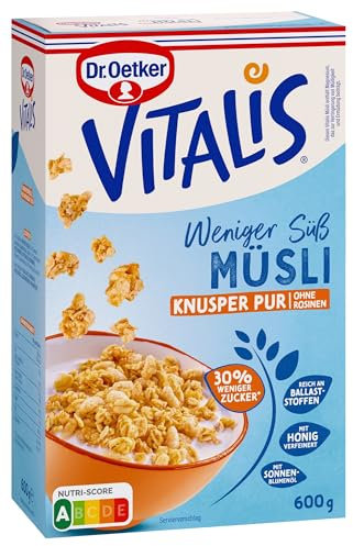 Dr. Oetker Vitalis Weniger süß Knusper Pur, Knuspermüsli mit 30% weniger Zucker, 5er Pack (5 x 600 g)
