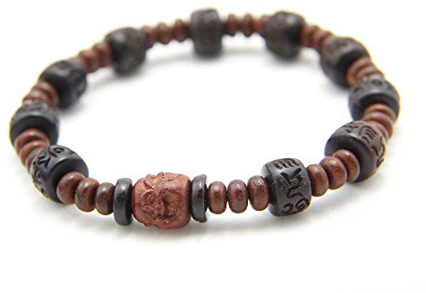 agathe création BP009 Bracelet tibetain Porte Bonheur - Perle Centrale en Bois d'acajou scultpée Bouddha Rieur 4 Face - Perles Bois d'ébéne - Marron - Taille sur Mesure - Fait Main