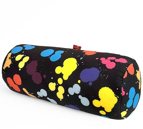 COVERBAGBCN - Cuscino Rotondo Anti-Stress Relax | Sollievo per Collo e Lombare | Riempimento con Microperle Confortevoli | Tessuto Lycra| Lavabile in Lavatrice | 35x15 cm (Nero con Macchie Colorate)