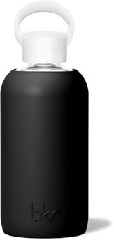 bkr - Little Smooth - Reusable Glass Water Bottle - 16oz - Fits in Cup Holder - Leakproof, Travel Friendly - BPA Free, Dishwasher Safe - Removable Silicone Sleeve & Carrying Loop - Jet