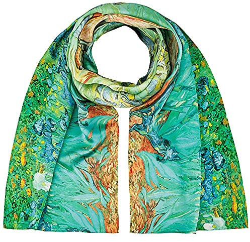 VON LILIENFELD Schal Damen 100% Seide Vincent van Gogh: Iris Blumen Kunst Motiv Halstuch Seidenschal Seidentuch Kanten handgerollt 172 x 42 cm