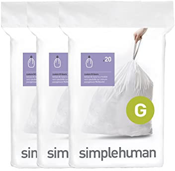 simplehuman CW0257 code G Custom Fit Bin Liner Bulk Pack, White Plastic (3 Pack of 20, Total 60 Liners)