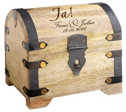 Casa Vivente Schatztruhe aus hellem Holz mit Gravur zur Hochzeit, Motiv Ja-Wort, Personalisiert mit Namen und Datum, Verpackung für Geldgeschenke