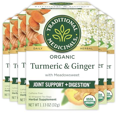 Traditional Medicinals Organic Turmeric with Meadowsweet & Ginger Herbal Tea, Supports A Healthy Response To Inflammation,16 Count (Pack of 6)