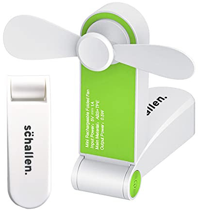 Schallen Portable Mini Folding Pocket Fan - USB Rechargeable Electric Desk Fan for Home, Office, Travel, Camping (White and Green)