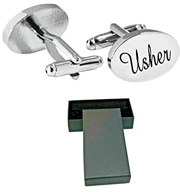 Virens Empourium Men's Wedding Cufflinks BOXED SILVER OVAL Cufflink, Groom Best Man Usher Page Boy and Many More Titles, Gift Box with Every Pair of Cuff Link (USHER)