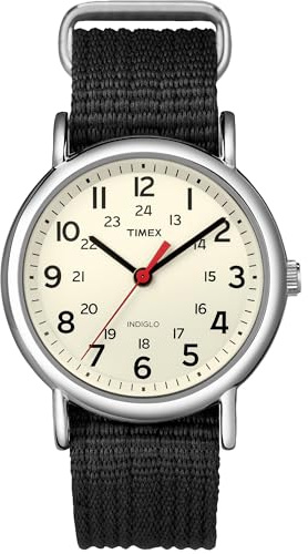 Timex Unisex Weekender 38mm Watch – Silver-Tone Case Cream Dial with Black Fabric Slip-Thru Strap