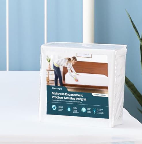 Linenspa Zippered Mattress Encasement – Queen Size Waterproof Mattress Protector – Quiet Cover & Complete protection – Dorm Room Essentials, White