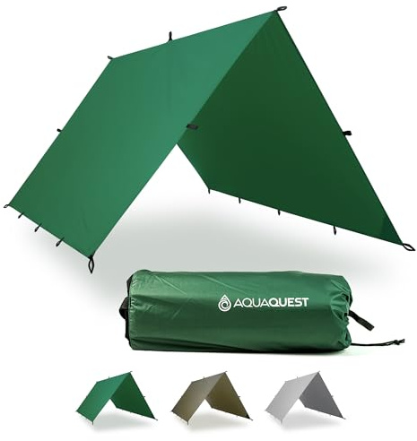 Aqua Quest Guide Bâche Carrée 3 x 3 m Verte - Abri de Randonnée Ultra-léger et Imperméable en Ripstop Sil Nylon pour Camping Tente - Parfait pour Le Hamac