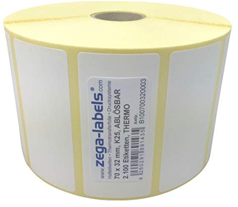 Thermo Etiketten auf Rolle - 70 x 32 mm - 2.100 Stück je Rolle - Kern: 25 mm - aussen gewickelt - WIEDER ABLÖSBAR - Druckverfahren: Thermodirekt (Drucken ohne Farbband)