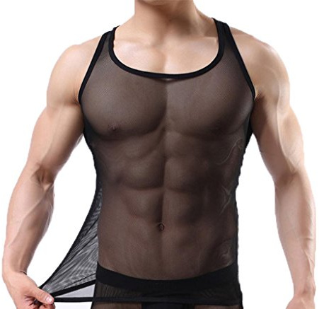 OUYE Men's Mesh See-Through Tank Top Vest Medium Black