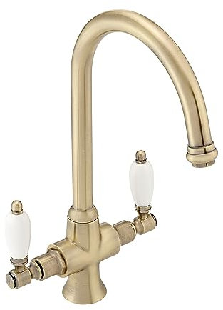 ENKI, Dorchester, KT059, Antique Oil Rubbed Bronze Dual Flow Kitchen Sink Mixer Tap for Basin, Twin White Levers Swivel Spout Perfect for Double Bowl Sinks, Antique Brass Kitchen Tap, Ceramic Valve