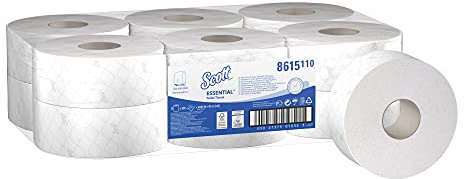 Scott Essential Jumbo Toilettenpapierrollen 8615 – 2-lagiges Toilettenpapier – 12 Rollen mit je 500 weißen Blättern (2.400 m)