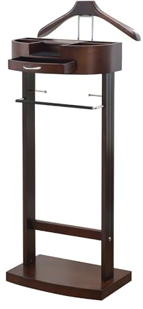 Proman Products - Crescent Moon Valet, Mens Valet Stand with Drawer, Top Tray, Contour Hanger, Trouser Bar, Belt Hooks & Shoe Rack, Accessory & Clothes Organizer (Mahogany)
