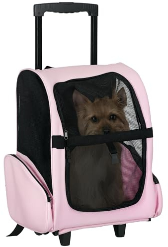 PawHut Trasportino Zaino 2 in 1 per Cani e Gatti con Tasche Laterali, Maniglia Telescopica e Ruote, 42x25x55cm, Rosa