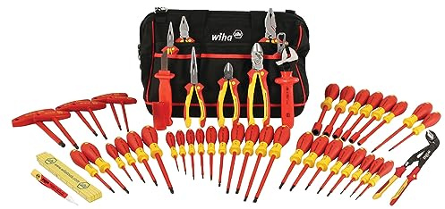 Wiha 32874 Isoliertes Werkzeugset mit Zange, Cutters, Mutternschraubern, Schraubendrehern, T-Griffen, Messer, Lineal und Spannungsdetektor, 50-teiliges Set in Canvas Werkzeugtasche | Zangen, Schneider, Steckschlüssel, Schraubendreher, T-Griffe, Messer, Lineal und Spannungsdetektor