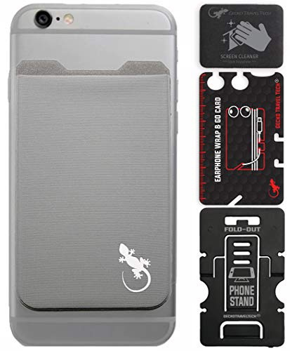 Sticky Card Holder for Phone - Mobile Phone Stand - Adhesive Card Holder - Phone Pouch - Stick on Spandex Pocket by Gecko - Carry Credit Cards and Cash - Gray