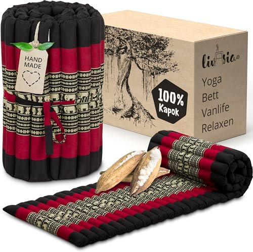 livasia Rollmatte Rollmatratze S schmal - 200x50x4,5cm - Gästebett Gästematratze 1 Person mit Muster, Reisebett Kofferraum outdoor, Thaimatte Kapok für Garten Balkon handgefertigt (Schwarz/Elefanten)