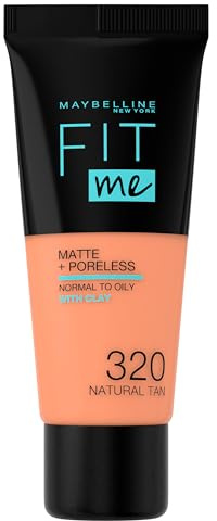 Maybelline New York Fondotinta Fit Me Matte&Poreless, Finish Opacizzante e Fissante, Tonalità: 320 Natural Tan