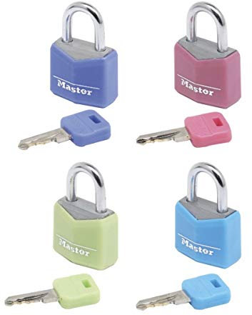 MASTER LOCK Small Padlocks [Key] [Keyed Alike] [Assorted Colours] [Family Pack of 4] 9120EURQCOLNOP - Best Used for Backpacks, Luggage, Computer Bags, Locker, Gym and More