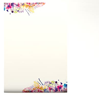 Florales Aquarell Design-Briefpapier Farbenfrohe Blumen - 100 Blatt Motivpapier
