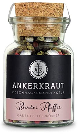 Ankerkraut Bunter Pfeffer, ganze Pfefferkörner für die Mühle oder Mörser, Küchen-Klassiker, Lecker Kochen, Korn ganz, Universal Allrounder, Geschmack für Essen, 70 g im Korkenglas
