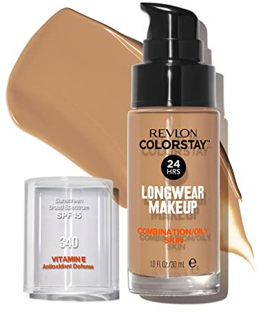 REVLON - ColorStay Base de Maquillaje SPF 15, con Vitamina E, Cobertura Media-Alta, Larga Duración, Acabado Mate, Resistente al Agua, para Piel Mixta-Grasa, Tono 340, Early Tan - 30 ml