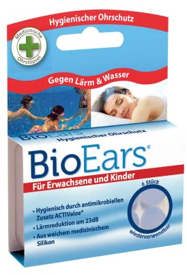 BioEars, antimikrobielle Silikon-Ohrstöpsel, Gehörschutz vor Lärm und Wasser, hemmt Bakterienwachstum, 6 Stück