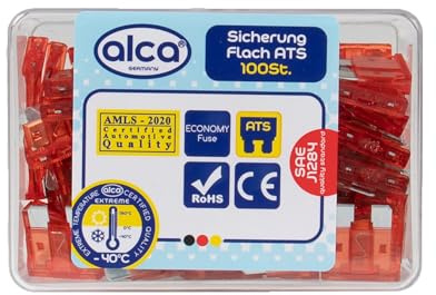 alca® Flachsicherungen 10 A zu 100 St. in einer Economy Box für Fahrzeuge | Nennspannung DC 32 V nach Standard SAE J1284, Industrie-Farbcodierung, Transparenter wiederverschließbarer Vorratsbehälter