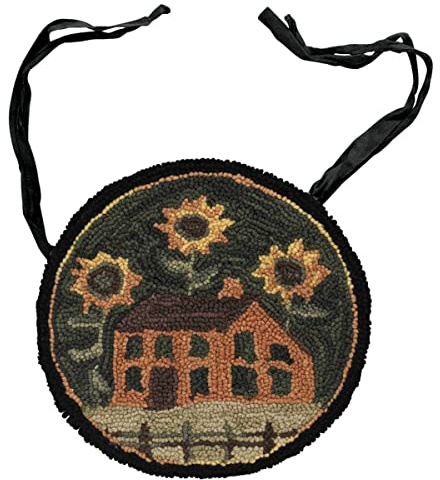 Park Designs House and Sunflowers Hooked Chair Pad | 14.5 Round Cushion with Sewn Ties | Handcrafted Poly Loop Yarn | Folk Art by Teresa Kogut | Machine Washable