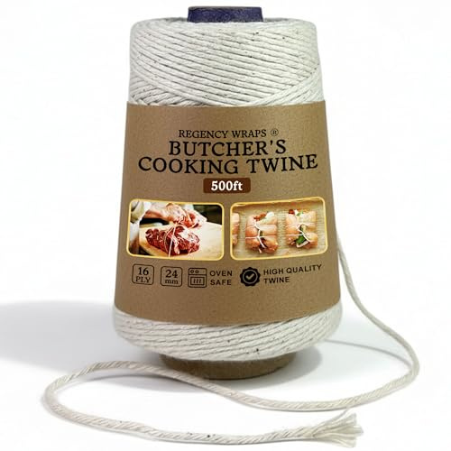 Regency Wraps Butchers Cooking Twine, Heavy Duty, 500ft,16 Ply, 2.4mm, Food-Safe Cotton Kitchen String for Turkey Trussing, Meat Prep, Crafting, Natural, Pack of 1