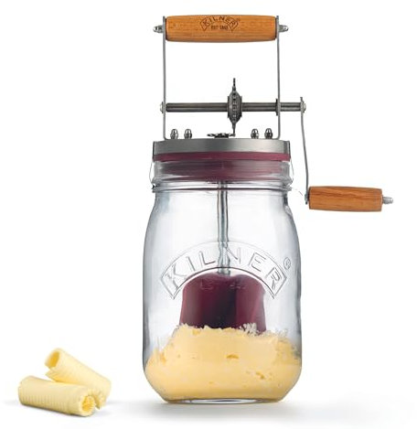 Kilner Butterfass Glas mit Handkurbel, leckere Butter selber machen in nur 10 Minuten, mit Silikonrührer, 1L, inkl. Anleitung und Rezepten, auch für Kräuterbutter, Knoblauchbutter usw., 27 cm hoch